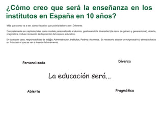 ¿Cómo creo que será la enseñanza en los
institutos en España en 10 años?
Más que como va a ser, cómo visualizo que podría/debería ser: Diferente.

Concretamente en capítulos tales como modelo personalizado al alumno, gestionando la diversidad (de raza, de género y generacional), abierta,
pragmática, incluso revisando la disposición del espacio educativo.

En cualquier caso, responsabilidad de tod@s: Administración, Institutos, Padres y Alumnos. Es necesario adoptar un rol proactivo y alineado hacia
un futuro en el que se van a insertar laboralmente.




               Personalizada                                                                                Diversa



                                        La educación será...

                    Abierta                                                                              Pragmática
 