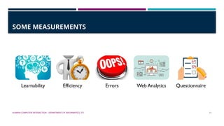 HUMAN-COMPUTER INTERACTION - DEPARTMENT OF INFORMATICS, ITS 11
SOME MEASUREMENTS
Learnability Efficiency Errors Web Analytics Questionnaire
 