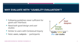 HUMAN-COMPUTER INTERACTION - DEPARTMENT OF INFORMATICS, ITS 4
WHY EVALUATE WITH “USABILITY EVALUATION”?
 Following guidelines never sufficient for
good user interfaces
 Need both good design and user
studies
 Similar to users with Contextual Inquiry
 Note: users, subjects  participants
 