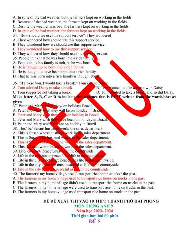 ĐỀ ĐỀ XUẤT THI VÀO 10 THPT THÀNH PHỐ HẢI PHÒNG MÔN TIẾNG ANH 9 NĂM HỌC ...