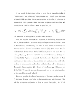 nal manufacturing good and agricultural good respectively. 
The representative household's problem is to maximize the life-long util- 
ity (2.2) subjective to budget constraints (2.3) and (2.4). 
2.3.2 Technologies 
There are three sectors in the model. Each sector has its own technology. The 
technology for agricultural good sector is given by 
Yat = Aatl
 
atH1
: (2.5) 
where Yat is the output of agricultural good sector, At is the productivity of the 
sector, lat is the labor allocation of the sector, H is the land endowment in  