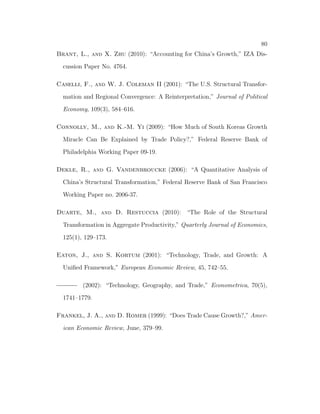 23 
These two equations also give us the wage and rental rate on land in the agri- 
cultural sector. Combining these two equations, we can obtain a equation for 
labor allocation in agricultural sector. 
lat = 
 
1 
1  
 
1 

 
 
t 
patAat 
1 

 
H
 (2.20) 
From the above equation, we can know that labor allocation in agricultural 
sector depends on the rent on land, price of agricultural sector and productivity 
of agricultural good. In addition, from eqs. (2.18) and (2.19) we can obtain 

 
1  
 
H 
lat 
= 
wt 
t 
: (2.21) 
We will use this equation to calibrate the share of labor in agricultural sector. 
Solving  