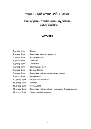 1
ҮНДЭСНИЙ АУДИТИЙН ГАЗАР
Санхүүгийн тайлангийн аудитийн
гарын авлага
АГУУЛГА
1 дүгээр бүлэг Оршил
2 дугаар бүлэг Санхүүгийн аудитын зорилтууд
3 дугаар бүлэг Эрсдэлийн аудит
4 дүгээр бүлэг Томилгоо
5 дугаар бүлэг Төлөвлөлт
6 дугаар бүлэг Объект дээрх ажил
7 дугаар бүлэг Дуусвар болгох
8 дугаар бүлэг Санхүүгийн тайлангийн талаархи тайлан
9 дүгээр бүлэг Дахин хяналт
10 дугаар бүлэг Бусдын ажлыг ашиглах
11 дүгээр бүлэг Залилан
12 дугаар бүлэг Зэрэгцүүлэлт
13 дугаар бүлэг Санхүүгийн тайлантай хамт хэвлэгдсэн бусад мэдээлэл
14 дүгээр бүлэг Үйлчлүүлэгчтэй харилцах
 