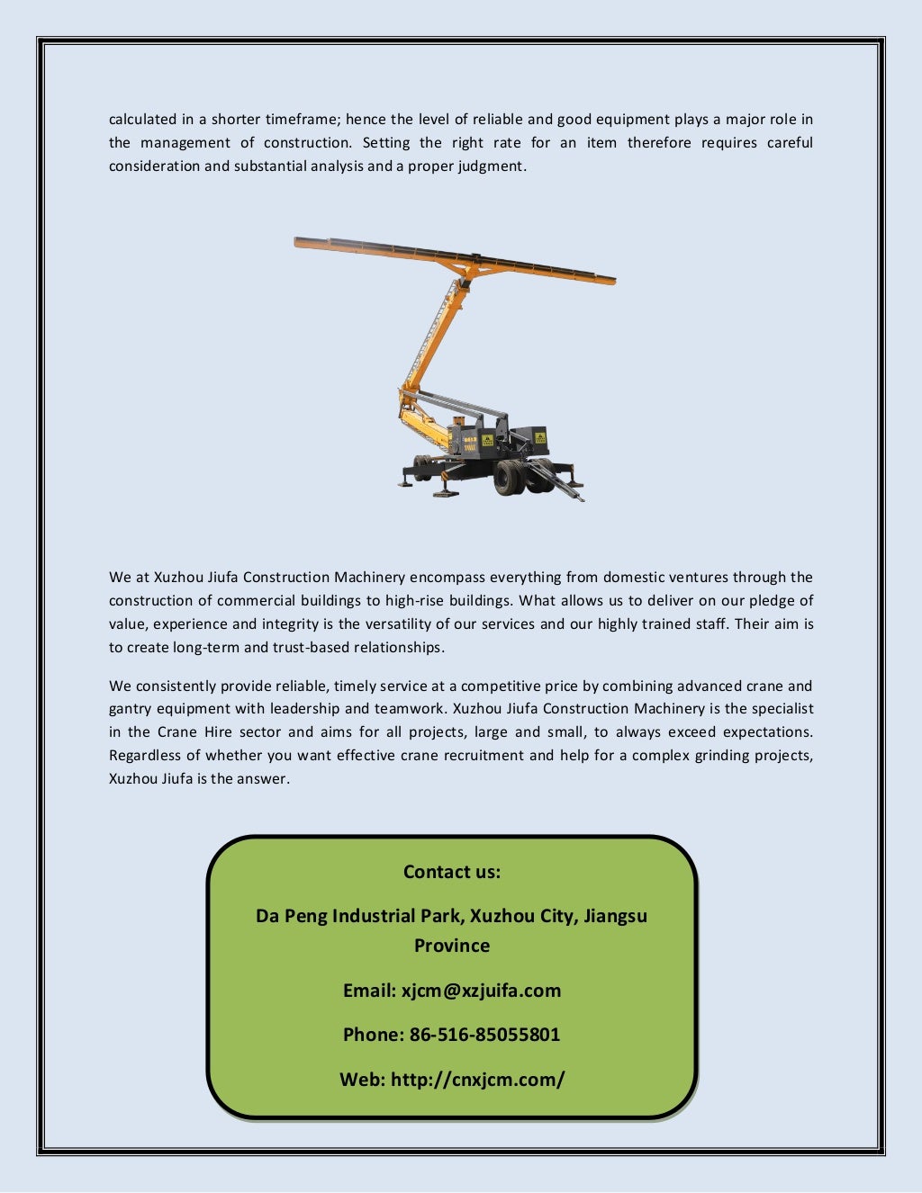Xuzhou Jiufa Is The Leading Crane Hire Company Providing All Types Of 