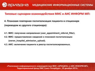МЕДИЦИНСКИЕ ИНФОРМАЦИОННЫЕ СИСТЕМЫ
Типовые сценарии взаимодействия МИС и АИС ИНФОРМ МП:
«Реализация информационного взаимодействия МИС «АРИАДНА» и АИС ИНФОРМ МП»
Территориальный фонд ОМС Санкт-Петербурга , 29 декабря 2015г.
4. Плановая повторная госпитализация пациента в стационаре
(переводом из другого стационара):
4.1. МИС: получение направления (user_appointment_referral_filter).
4.2. МИС: предоставление сведений о плановой госпитализации
(owner_hospital_admission_upload).
4.3. АИС: включение пациента в реестр госпитализированных.
 