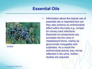 © Copyright PCNM 2011
Essential Oils
• Information about the topical use of
essential oils is important but can
they also achieve an antimicrobial
effect within the body e.g. Juniper
for urinary tract infections.
Essential oil components are
excreted into the urine in
metabolized forms, mainly as
glucuronide conjugates and
sulphates. As a result the
antimicrobial activity may not be
reflected in the urine, further
studies are required.
Juniper
 
