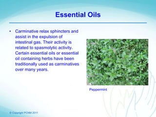 © Copyright PCNM 2011
Essential Oils
• Carminative relax sphincters and
assist in the expulsion of
intestinal gas. Their activity is
related to spasmolytic activity.
Certain essential oils or essential
oil containing herbs have been
traditionally used as carminatives
over many years.
Peppermint
 