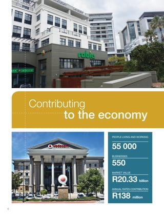Contributing
to the economy
55 000
PEOPLE LIVING AND WORKING
550
businesses
R20.33 billion
MARKET VALUE
R138 million
ANNUAL RATES CONTRIBUTION
6
Inside_CenturyCityPublication_FinalPrint 10 12 14.indd 6 10/12/14 03:49:32 PM
 