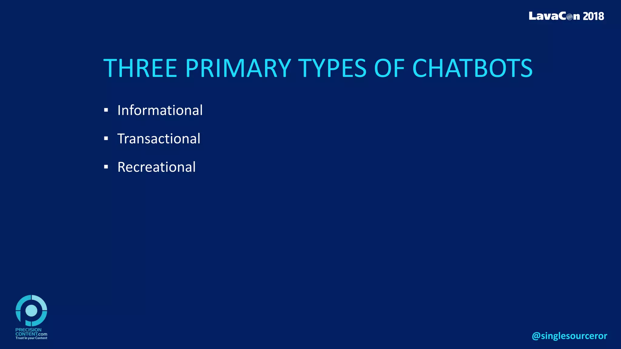 THREE PRIMARY TYPES OF CHATBOTS
▪ Informational
▪ Transactional
▪ Recreational
@singlesourceror
 