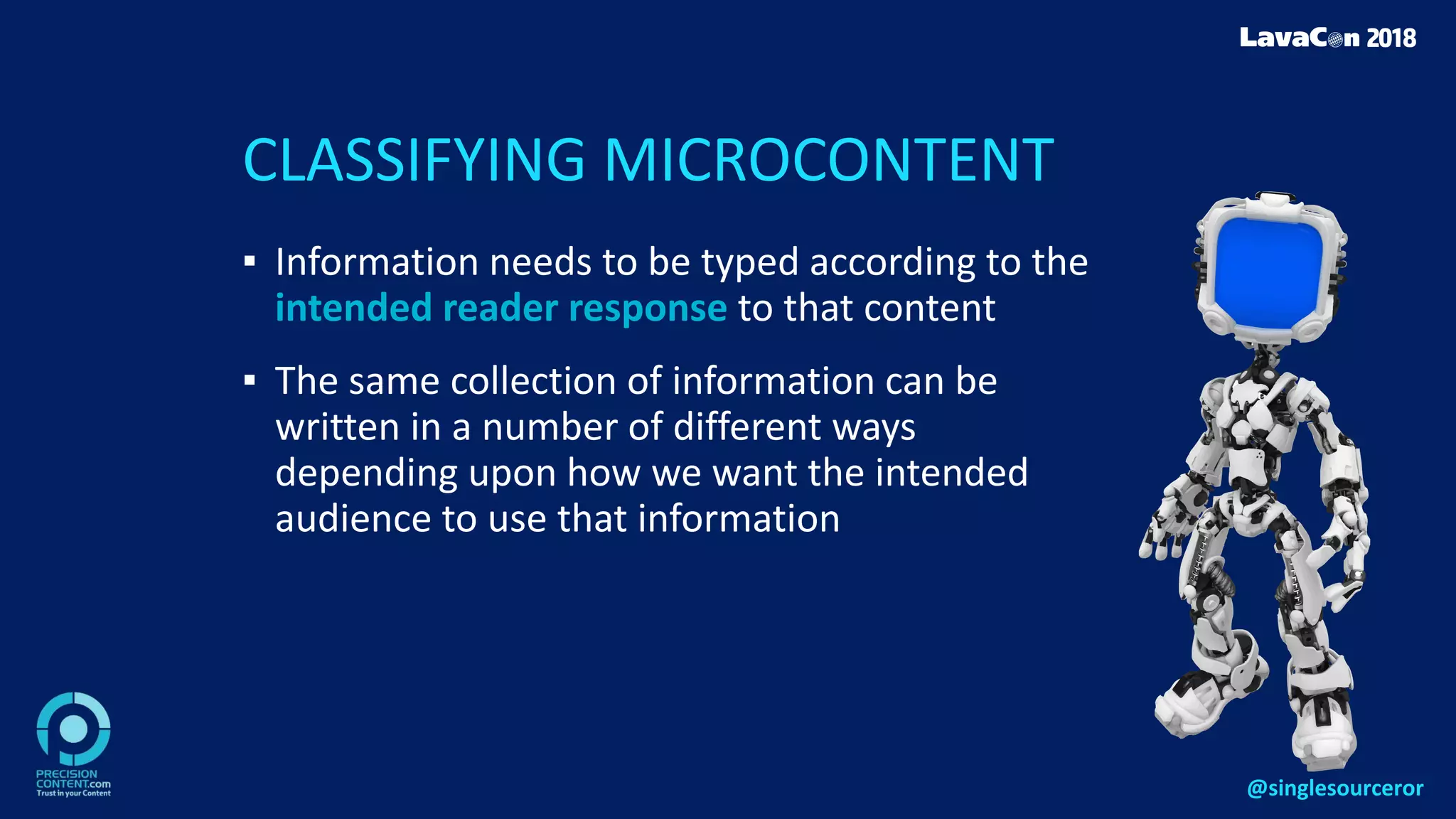 CLASSIFYING MICROCONTENT
▪ Information needs to be typed according to the
intended reader response to that content
▪ The same collection of information can be
written in a number of different ways
depending upon how we want the intended
audience to use that information
@singlesourceror
 