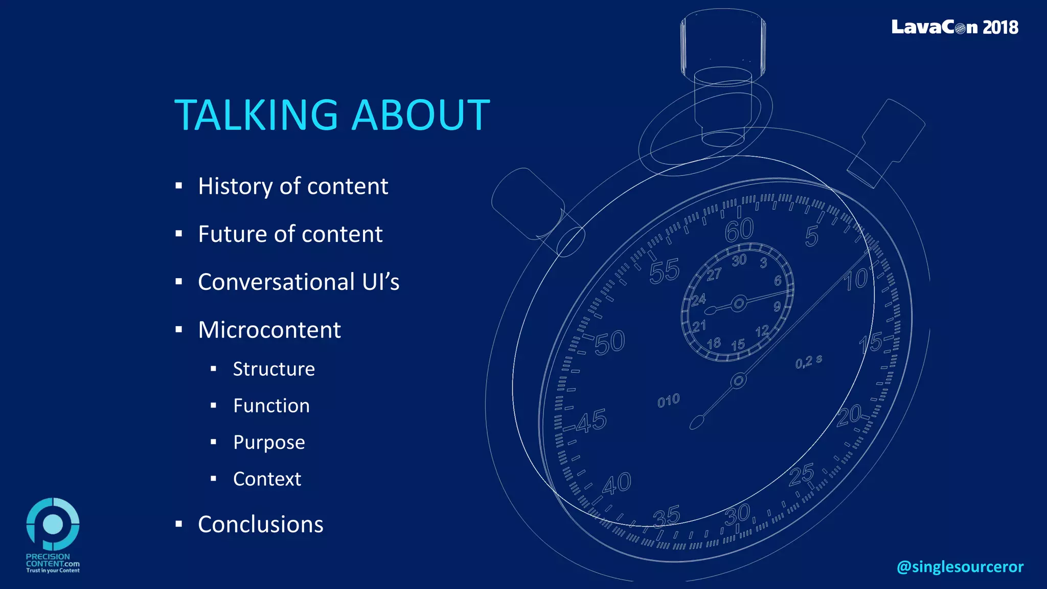 TALKING ABOUT
▪ History of content
▪ Future of content
▪ Conversational UI’s
▪ Microcontent
▪ Structure
▪ Function
▪ Purpose
▪ Context
▪ Conclusions
@singlesourceror
 
