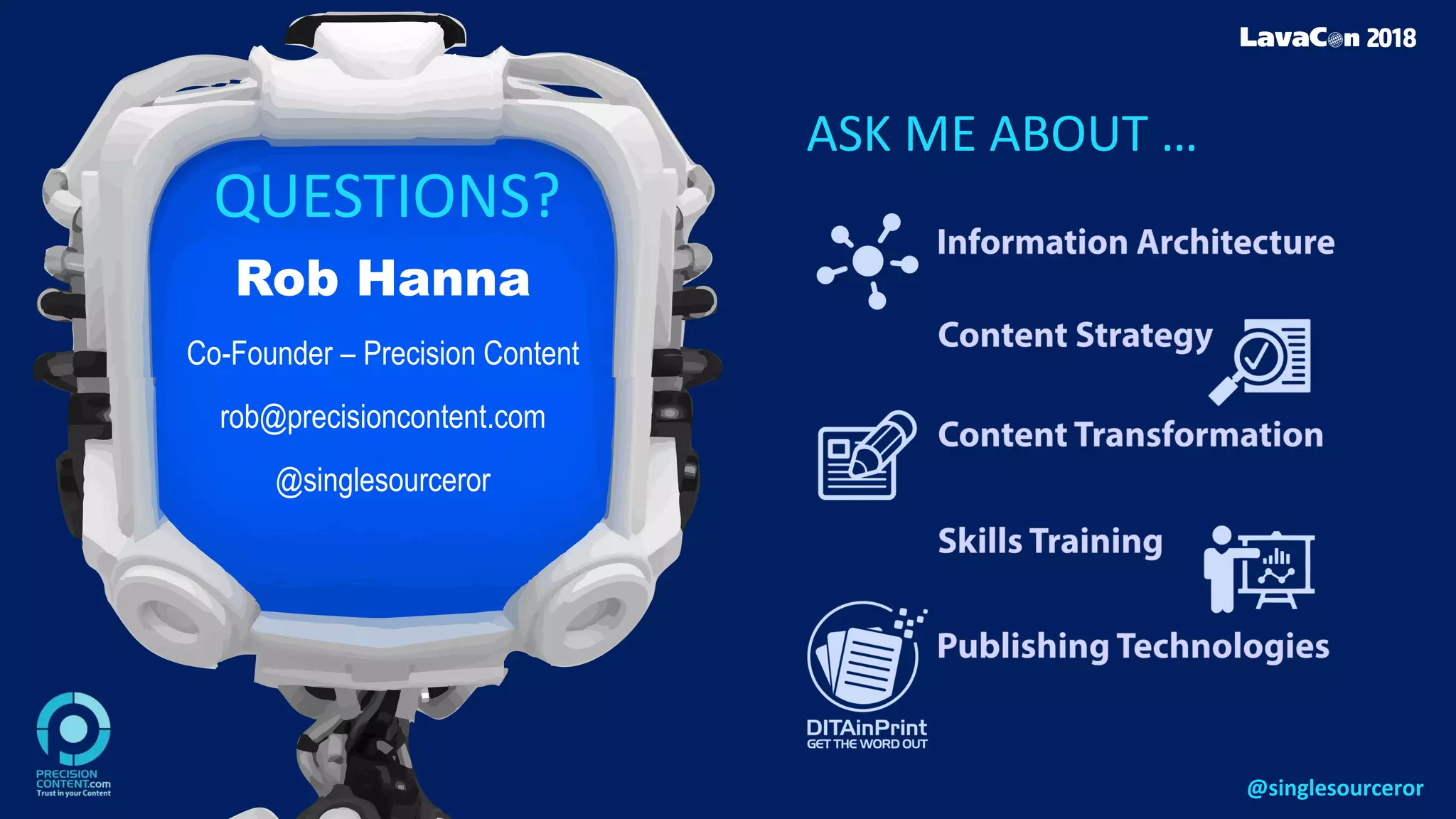 QUESTIONS?
Rob Hanna
Co-Founder – Precision Content
rob@precisioncontent.com
@singlesourceror
ASK ME ABOUT …
@singlesourceror
 