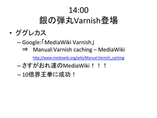 14:00 
銀の弾丸Varnish登場 
• ググレカス 
– Google:「MediaWiki 
Varnish」 
⇒ 
Manual:Varnish 
caching 
– 
MediaWiki 
hdp://www.mediawiki.org/wiki/Manual:Varnish_caching 
– さすがおれ達のMediaWiki！！！ 
– 10倍界王拳に成功！ 
 