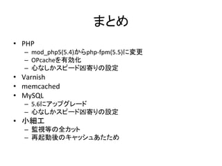 まとめ 
• PHP 
– mod_php5(5.4)からphp-­‐fpm(5.5)に変更 
– OPcacheを有効化 
– 心なしかスピード凶寄りの設定 
• Varnish 
• memcached 
• MySQL 
– 5.6にアップグレード 
– 心なしかスピード凶寄りの設定 
• 小細工 
– 監視等の全カット 
– 再起動後のキャッシュあたため 
 