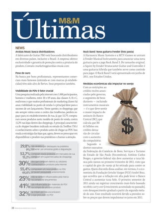 28 WWW.MUSICAEMERCADO.COM.BR
Rock Band: Nova guitarra Fender (foto pasta)
A Harmonix Music Systems e a MTV Games se uniram
à Fender Musical Instruments para anunciar uma nova
guitarra para o jogo Rock Band 3. De tamanho original,
a Squire by Fender Stratocaster Guitar and Controller é
uma guitarra híbrida que também serve como controle
para jogar. O Rock Band 3 será apresentado em junho de
2011, nos Estados Unidos.
Medidas econômicas vão impactar no varejo
Com as restrições ao
crédito recém-anun-
ciadas pelo governo,
o segmento de bens
duráveis — incluindo
instrumentos musicais
— é o que deve sentir
o maior impacto do
anúncio do Banco
Central (BC), que
calcula que R$
61 bilhões em
crédito deixa-
rão de circular
com o aumento
do compulsório.
Segundo o
diretor-executivo
da Federação do Comércio de Bens, Serviços e Turismo
do Estado de São Paulo (Fecomércio), Antônio Carlos
Borges, o governo federal não deve aumentar a taxa bá-
sica pelo menos no primeiro trimestre de 2011, visto que
o capital de giro do varejo já foi retirado para conter os
gastos. Quem discorda dessa análise, em termos, é o eco-
nomista da Fundação Getulio Vargas (FGV) André Braz,
que acredita que a inflação em alta pode levar o Banco
Central a aumentar taxa Selic. O primeiro semestre de
2011 ainda vai registrar crescimento mais forte baseado
noefeitocarryover[crescimentoacumuladonopassado],
com desaquecimento gradual a partir da segunda meta-
de do ano. Esse resultado ocorrerá devido a pressões so-
bre os preços que devem impulsionar os juros em 2011.
NEWS
Arobas Music busca distribuidores
A fabricante do Guitar PRO está buscando distribuidores
em diversos países, inclusive o Brasil. A empresa oferece
exclusividadeegarantiadeproteçãocontraapiratariado
produto. Contato: marketing@arobas-music.com
Peso de ouro
Na busca por bons profissionais, representantes comer-
ciais mais famosos (entenda-se com marcas já estabele-
cidas) têm sido alvo de flertes. Seus prepostos também.
Visibilidade do PDV é fator crucial
Umapesquisarealizadapelainternetcom1.488participantes,
homens e mulheres, entre 20 e 69 anos, das classes A, B e C,
reafirmou o que muitos profissionais de marketing dizem há
anos:visibilidadenopontodevendaéoprincipalfatorparao
sucesso de um lançamento. Nesse quesito, os shoppings, que
são sempre vistos como o centro das tendências, perdem es-
paço para os estabelecimentos de rua, já que 53,7% compra-
ram novos produtos neste modelo de ponto de venda, contra
15,2%naslojasdentrodosshoppings.Aprincipalcaracterísti-
ca do shopper brasileiro indicado no estudo da ToolBox TM é
oconhecimentosobreoprodutoantesdechegaraoPDV.Isso
mudaaestratégiadaslojasque,agora,devemsepreocuparem
disponibilizaroprodutonasprateleirasechamaraatenção.
ultimas52.indd 28 17/12/2010 21:08:41
 