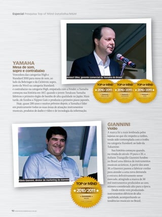 92 WWW.MUSICAEMERCADO.COM.BR
Especial Pesquisa Top of Mind Datafolha/MM
YAMAHA
Mesa de som,
sopro e contrabaixo
Vencedora das categorias High e
Standard 2010 para mesa de som, ao
lado da Behringer e da Ciclotron; sopro,
junto da Weril na categoria Standard;
e contrabaixo na categoria High, empatada com a Fender, a Yamaha
começou sua história em 1817, quando o jovem Torakusu Yamaha
fabricou o primeiro órgão de bambu de alta qualidade no Japão. Mais
tarde, ele fundou a Nippon Gaki e produziu o primeiro piano japonês.
Hoje, quase 200 anos e muitos prêmios depois, a Yamaha é líder
em praticamente todas as suas áreas de atuação: instrumentos
musicais, produtos de áudio e vídeo e de tecnologia da informação.
GIANNINI
Violão
A marca foi a mais lembrada pelos
lojistas no que diz respeito a violões,
tendo sido contemplada com o troféu
na categoria Standard, ao lado da
Takamine.
Sua história começou quando,
na virada do século 19 para o 20, o
italiano Tranquillo Giannini fundou
no Brasil uma fábrica de instrumentos
musicais acústicos. A partir dos anos
30, a Giannini passou a fabricar cordas
para atender a uma nova demanda
e entrava definitivamente nesse
mercado, atingindo a marca de 30
mil instrumentos produzidos ao ano,
número considerado alto para a época.
Desde então vem produzindo
instrumentos elétricos de alta
qualidade, acompanhando as
tendências musicais no Brasil.
GIANNINI
Violão
A marca foi a mais lembrada pelos
lojistas no que diz respeito a violões,
tendo sido contemplada com o troféu
na categoria Standard, ao lado da
Takamine.
na virada do século 19 para o 20, o
italiano Tranquillo Giannini fundou
no Brasil uma fábrica de instrumentos
musicais acústicos. A partir dos anos
30, a Giannini passou a fabricar cordas
para atender a uma nova demanda
e entrava definitivamente nesse
mercado, atingindo a marca de 30
mil instrumentos produzidos ao ano,
número considerado alto para a época.
instrumentos elétricos de alta
Pesquisa Top of Mind Datafolha/MM
e contrabaixo na categoria High, empatada com a Fender, a Yamaha 2010/2011
« YAMAHA »
MESAS DE SOM
MARCA MAIS LEMBRADA
2010/2011
« GIANNINI »
VIOLÕES
DATAFOLHA / MÚSICA  MERCADO
MARCA MAIS LEMBRADA
LOJAS STANDARD
2010/2011 2010/2011
« YAMAHA »
CONTRABAIXOS
MARCA MAIS LEMBRADA
LOJAS HIGH
2010/2011 2010/2011
« YAMAHA »
SOPRO
DATAFOLHA / MÚSICA  MERCADO
MARCA MAIS LEMBRADA
LOJAS STANDARD • HIGH
Amauri Silva, gerente comercial da Yamaha do Brasil
Flávio Giannini, diretor de marketing da Giannini
mm52_topofmind.indd 92 21/12/2010 12:20:33
 