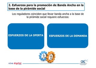 2. Esfuerzos para la promoción de Banda Ancha en la
base de la pirámide social
  Los reguladores coinciden que llevar banda ancha a la base de
              la pirámide social requiere esfuerzos:




ESFUERZOS DE LA OFERTA           ESFUERZOS DE LA DEMANDA
 