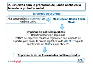 2. Esfuerzos para la promoción de Banda Ancha en la
base de la pirámide social
                       Esfuerzos de la Oferta
Alta penetración servicio Móvil en       Masificación Banda Ancha
           América Latina                            Móvil


                 Importancia políticas públicas:
                  •  Reducir aranceles e impuestos
   •  Política de espectro: consenso regional en que la banda de
     espectro para cerrar la brecha digital es la de 700 MHz y que la
                 canalización de APAC es más eficiente



         Importancia de las los acuerdos público-privados
 