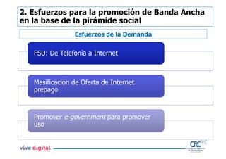 2. Esfuerzos para la promoción de Banda Ancha
en la base de la pirámide social
                Esfuerzos de la Demanda


   FSU: De Telefonía a Internet



   Masificación de Oferta de Internet
   prepago



   Promover e-government para promover
   uso
 