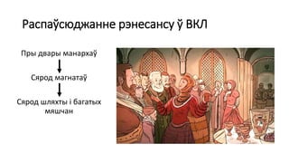 Распаўсюджанне рэнесансу ў ВКЛ
Пры двары манархаў
Сярод магнатаў
Сярод шляхты і багатых
мяшчан
 