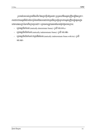 T.Chhay                                                                                NPIC




       rUbragcMbgrbs;eRKagKWtMNrwg EdlP¢ab;FñwmdMbUledk b¤eRTteTAnwgGgát;eRKOgbgÁúMEdlRTva.
PaBCab;rvagGgát;nwgEbgEckm:Um:g;Bt;EdlmanCab;CamYynwgRbBn§½bnÞúkeTAGGát;eRKOgbgÁúMepSgeTot
eTAtampleFobénPaBrwgRkajrbs;va. eRKagGacRtUv)ancat;cMNat;fñak;dUcxageRkam³
  - eRKagsþaTickMNt; (statically determinate frame) ¬rUbTI 16>11 a¦
  - eRKagsþaTicminkMNt; (statically indeterminate frame) ¬rUbTI 16>12¦
  - eRKagsþaTicminkMNt; CamYynwgcMNg (statically indeterminate frame with tie) ¬rUbTI
      16>13¦




FñwmCab; nigeRKag                                                                        391
 