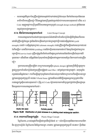 T.Chhay                                                                                        NPIC




   - KNnaGgát;nImYy²éneRKOgbgÁúMedaysnμt;fava)ak;edaym:Um:g;emKuN nigkMlaMgemKuNEdl)an
         mkBIkarviPaKeRKOgbgÁúM. viFIenHRtUv)aneRbIR)as;CaTUeTAsMrab;karKNnaebtugGarem: ehIy ACI
         Code GnuBaØatnUvkareRbIR)as;viFIKNnalT§PaBRTRTg; (strength design method) dUcEdl)an

         Bnül;kñúgemeronknøgmk.
   7> 2> KMniténkarKNnasßanPaBkMNt; Limit Design Concept
          karKNnasßanPaBkMNt;enAknúgebtugGarem:sMedAelIkarEbgEckm:Um:g;eLIgvijEdlekItman
enAelIeRKOgbgÁúMTaMgmUl dUcEdlEdkBRgwgenAmuxkat;eRKaHfñak;eFVIkardl;ersIusþg;yal (yield
strength) rbs;va. ersIusþg;cugeRkay (ultimate strength) rbs;eRKOgbgÁúMekIneLIgenAeBlmuxkat;rbs;

vaekIneLIg. eTaHbICakaryal (yielding) rbs;EdkeFVIeGaymanPaBdabFM EdlKYrEteCosvageRkam
bnÞúkeFVIkar (service load) eRKOgbgÁúMsþaTicminkMNt;mindYlb¤)ak;enAeBlEdlEdkBRgwgénmuxkat;TI
mYyyal. elIsBIenH ersIusþg;EdlbMrugTuky:ageRcInsßitenAcenøaHkaryaldMbUg nigkar)ak;rbs;eRKOg
bgÁúM.
          kñúgkarKNnaeRKOgbgÁúMEdk BakükarKNna)øasÞic (plastic design) RtUv)aneRbIedIm,Ibgðajkar
pøas;bþÚrkñúgkarEbgEckm:Um:g;enAkñúgeRKOgbgÁúMdUcCa steel fiber ¬enARtg;muxkat;eRKaHfñak;¦ rgkugRtaMg
rhUtdl;ersIsþg;yal. karekIneLIgnUvkugRtaMgtamkMBs;rbs;muxkat;EdkeRkamkarekIneLIgrbs;bnÞúk
RtUv)anbgðajenAkñúgrUbTI 16>20. Portal frame RtUv)anBiesaFn_edIm,IGegátlT§PaBRTRTg;karvil
rbs;snøak;)øasÞicrbs;ebtugGarem:. b:uEnþ ACI Code tMrUveGaymankarsikSaRsavRCavCaeRcIneTotmun
nwgTTYlykkarKNnasßanPaBkMNt;.




   7> 3> eKalkarN_énsnøak;)aøsÞic Plastic Hinge Concept
        ExSkMeNag φ rbs;Ggát;ekIneLIgCamYynwgm:Um:g;Bt; M . sMrab;FñwmebtugEdlmanbrmaNEdk
tic düaRkamm:Um:g;-ExSkMeNag nigExSekagbnÞúk-PaBdab RtUv)anbgðajenAkñúgrUbTI 16>21. FñwmEdl
FñwmCab; nigeRKag                                                                                407
 