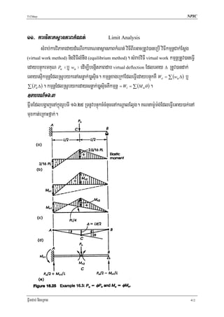 T.Chhay                                                                                     NPIC




11> karviPaKsßanPaBkMNt;                      Limit Analysis

        sMrab;karviPaKedaydMeNIrkarKNnasßanPaBkMNt; viFIBIrGacRtUv)aneRbI viFIkmμnþCak;Esþg
(virtual work method) nigviFIlMnwg (equilibrium method). sMrab;viFI virtual work kmμnþRtUv)aneFVI

edaybnÞúkemKuN Pu ¬b¤ wu ¦ edIm,IbegáItPaBdab virtual deflection EdleGay Δ RtUv)andak;
eGayesμIkmμnþEdlRsUbykenAsnøak;)aøsÞic. kmμnþxageRkAEdleFVIedaybnÞúkKW We = ∑ (wu Δ ) b¤
∑ (Pu Δ ) . kmμnþEdlRsUbykedaysnøak;)aøsÞicKWkmμnþ = Wi = ∑ (M uθ ) .
]TahrN_16>3
FñwmEdlbgðajenAkñúgrUbTI 16>25 RTnUvbnÞúkcMcMnucenAkNþalElVg. KNnam:Um:g;EdleFVIeGay)ak;enA
muxkat;eRKaHfñak;.




FñwmCab; nigeRKag                                                                             412
 