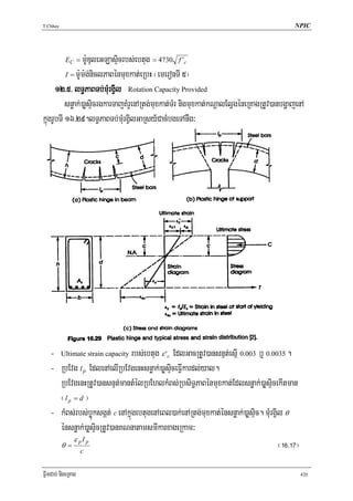 T.Chhay                                                                                    NPIC




           EC =  m:UDuleGLasÞicrbs;ebtug = 4730 f 'c
          I = m:Um:g;niclPaBénmuxkat;eRbH ¬emeronTI 5¦

      12>5> lT§PaBTb;mMurgVil Rotation Capacity Provided
          snøak;)aøsÞicrgkarTajKMrUenARtg;muxkat;TMr nigmuxkat;kNþalElVgéneRKagRtUv)anbgðajenA
kñúgrUbTI 16>29.lT§PaBTb;mMurgVilGaRsy½CacMbgeTAnwg³




   - Ultimate strain capacity rbs;ebtug ε 'c EdlGacRtUv)ansnμt;esμI 0.003 b¤ 0.0035 .
   - RbEvg l p EdlenAelIRbEvgenHsnøak;)aøsÞiceFVIkardl;yal.
     RbEvgenHRtUv)ansnμt;mantMélRbEhlkMBs;RbsiT§PaBénmuxkat;Edlsnøak;)aøsÞicekItman
     ¬lp = d ¦
   - kMBs;rbs;bøúksgát; c enAkñúgebtugenAeBl)ak;enARtg;muxkat;énsnøak;)aøsÞic. mMurgVil θ
     énsnøak;)aøsÞicRtUv)anKNnatamsmIkarxageRkam³
         ε pI p
     θ=
            c
                                                                                      ¬!^>!&¦

FñwmCab; nigeRKag                                                                               420
 