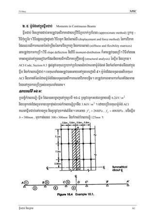 T.Chhay                                                                                    NPIC




    2> 5> m:Um:g;enAkñúgFñwmCab; Moments in Continuous Beams
    FñwmCab; nigeRKagCab;GacRtUv)anviPaKedayeRbIviFIRbhak;RbEhl (approximate method) b¤kmμ -
viFIkMuBüÚT½r. viFIepSgeTotdUcCa viFIbnÞúk nigbMlas;TI (displacement and force method) énkarviPaK
EdlQrelIkarKNnaénm:aRTIsénPaBrwgRkaj nigPaBrlas; (stiffness and flexibility matrices)
GacRtUvykmkeRbI. viFI slope deflection nigviFI moment-distibution k¾GacRtUv)aneRbI. viFITaMgenH
manBnül;enAkñúgesovePAEdlniyayBIkarviPaKeRKOgbgÁúM (structural analysis) énFñwm nigeRKag.
ACI Code, Section 8.3 pþl;nUvemKuNRbhak;RbEhlsMrab;KNnam:Um:g;Bt; nigkMlaMgkat;TTwgenAkñúg

Fñwm nigkMralxNÐ½Cab;. emKuNTaMgenHRtUv)aneGayenAkñúgemeronTI 9. m:Um:g;EdlTTYl)anBIemKuN
ACI nwgmantMélFMCagm:Um:g;EdlTTYl)anBIkarKNnaviPaKbnþic. eKRtUveKarBtamkarkMNt;Edlman

EcgenAkñúgkareRbIR)as;emKuNTaMgenaH.
]TahrN_TI 16>1³
RbBn§½kMralxNÐ½-Fñwm Edl)anbgðajenAkñúgrUbTI 16>4 RTnUvbnÞúkGefrBRgayesμI 6.2kN / m 2
nigbnÞúkefrEdlrYmmanbnÞúkpÞal;rbs;kMralxNÐ½bUknwg 3.8kN / m 2 . edayeRbIemKuNm:Um:g; ACI
KNnaFñwmCab;enAxagkñúg nigKUrnUvmuxkat;lMGit. eKeGay f 'c = 28MPa / f y = 400MPa / TTWgFñwm
b = 300mm / muxkat;ssr 300 × 300mm nigkMras;kMralxNÐ½ 125mm .




FñwmCab; nigeRKag                                                                            382
 