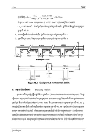 T.Chhay                                                                                    NPIC




         RtYtBinitü a ³ a = 0.85s ff y' b = 0.132128××400 = 12.34mm
                              A
                                              85 ×
                                                   .2
                                                      1800
                                       c

         CamYy a = 12.34mm eKTTYl)an As = 1305.5mm 2 . dUcenHeRbIEdk 3DB25
         ¬ As = 1472.6mm 2 ¦ sMrab;RKb;muxkat;kNþalElVgTaMgGs;. bøg;EdklMGitRtUv)anbgðajenA
         kñúgrUbTI 16>5.
      5> KNnaFñwmsMrab;kMlaMgkat;TTwg dUcEdl)anBnül;enAkñúgemeronTI 8.
      6> RtYtBinitüPaBdab nigsñameRbH dUcEdl)anBnül;enAkñúgemeronTI 9.




3> eRKagsMNg;GKar Building Frames
     eRKagGKarKWCaRbBn§½eRKOgbgÁúMbITMhM ¬kñúglMh¦ (three-dimensional structural system) EdlpÁúM
eLIgeday Ggát;Rtg;²Edlsagsg;CamYyKña (built monolithically) nigmantMNrwg. eRKagGacman
mYyElVg nigmankMBs;mYyCan; dUcCa portal frame nig gable frame dUcbgðajenAkñúgrUbTI 16>6 a b¤
GacpSM eLIgedayeRcInElVg nigeRcInCan; dUcbgðajenAkñúgrUbTI 16>6 b. RKb;Ggát;rbs;eRKagRtUv)an
cat;Tuk faCab;sMrab;TisTaMgbI ehIyssrcUlrYmCamYynwgFñwmedIm,ITb;bnÞúkxageRkA. eRkABIkarkat;
bnßym:Um:g; edaysarPaBCab; eRKagGKarcg;)ankarBRgaybnÞúkkan;EtesμIkan;Etl¥. T§iBlénbnÞúk
xag dUcCabnÞúkxül; nigbnÞúkrBa¢ÜydI RtUv)anBRgayenAelIeRKagTaMgmUl edIm,IbegáInsuvtßiPaBrbs;va.


FñwmCab; nigeRKag                                                                            385
 