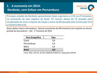 1.A economia em 2014: 
Nordeste, com ênfase em Pernambuco 
PrincipaisestadosdoNordesteapresentaramtaxassuperioresa1,5%no2ºtrimestre, nacontramãodataxanegativadoBrasil.PEcresceuabaixodoCE(puxadopelarecuperaçãodasecaeimpactodaCopa)eacimadaBA(puxadopelaConstruçãoCivileExtrativaMineral). 
Brasil, Bahia, Ceará e Pernambuco: Taxa de crescimento do PIB trimestral com respeito ao mesmo período do ano anterior –(%) -2°trimestre de 2014 
Área GeográficaTaxa Ceará3,0Pernambuco1,9Bahia1,6Brasil-0,9Fonte: IBGE, IPCE-CE, SEI-BA, CONDEPE/FIDEM-PE. Elaboração CEPLAN.  