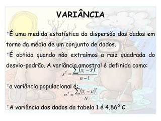 VARIÂNCIAÉ uma medida estatística da dispersão dos dados em torno da média de um conjunto de dados. É obtida quando não extraímos a raiz quadrada do desvio-padrão. A variância amostral é definida como:a variância populacional é:A variância dos dados da tabela 1 é 4,86º C.