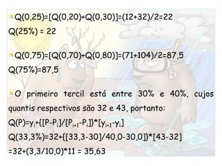 Q(0,25)=[Q(0,20)+Q(0,30)]=(12+32)/2=22Q(25%) = 22Q(0,75)=[Q(0,70)+Q(0,80)]=(71+104)/2=87,5Q(75%)=87,5O primeiro tercil está entre 30% e 40%, cujos quantis respectivos são 32 e 43, portanto:Q(P)=yi+{[P-Pi]/[Pi+1-Pi]}*[yi+1-yi]Q(33,3%)=32+{[33,3-30]/40,0-30,0]}*[43-32]=32+(3,3/10,0)*11 = 35,63