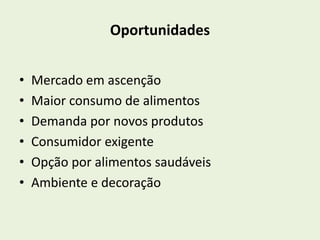 Oportunidades 
• Mercado em ascenção 
• Maior consumo de alimentos 
• Demanda por novos produtos 
• Consumidor exigente 
• Opção por alimentos saudáveis 
• Ambiente e decoração 
 