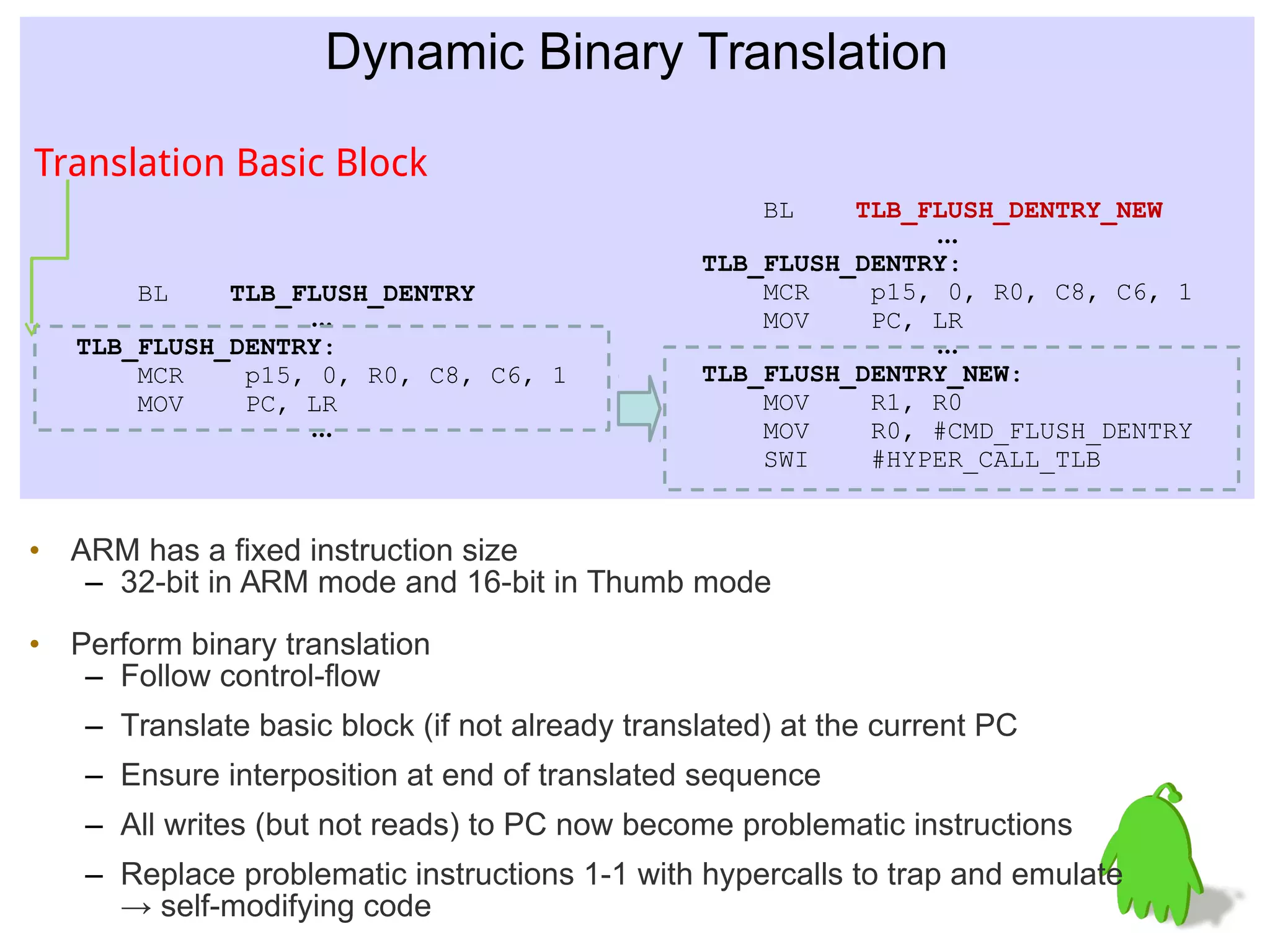 Dynamic Binary Translation
BL TLB_FLUSH_DENTRY
…
TLB_FLUSH_DENTRY:
MCR p15, 0, R0, C8, C6, 1
MOV PC, LR
…
BL TLB_FLUSH_DENTRY_NEW
…
TLB_FLUSH_DENTRY:
MCR p15, 0, R0, C8, C6, 1
MOV PC, LR
…
TLB_FLUSH_DENTRY_NEW:
MOV R1, R0
MOV R0, #CMD_FLUSH_DENTRY
SWI #HYPER_CALL_TLB
Translation Basic Block
• ARM has a fixed instruction size
– 32-bit in ARM mode and 16-bit in Thumb mode
• Perform binary translation
– Follow control-flow
– Translate basic block (if not already translated) at the current PC
– Ensure interposition at end of translated sequence
– All writes (but not reads) to PC now become problematic instructions
– Replace problematic instructions 1-1 with hypercalls to trap and emulate
→ self-modifying code
 