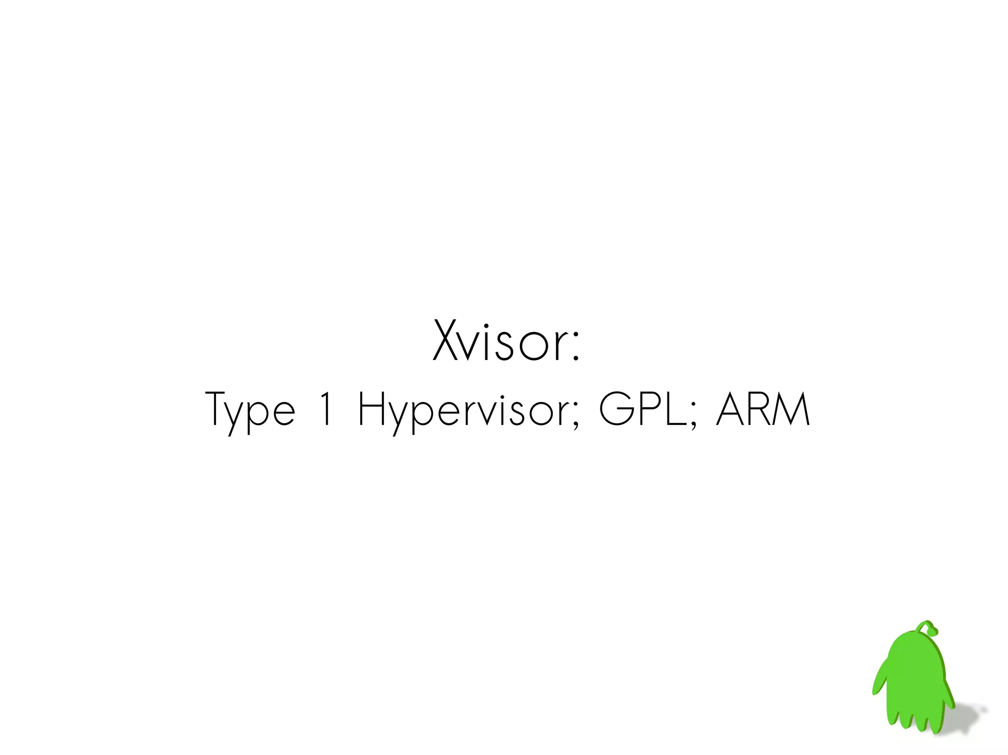 Xvisor:
Type 1 Hypervisor; GPL; ARM
 