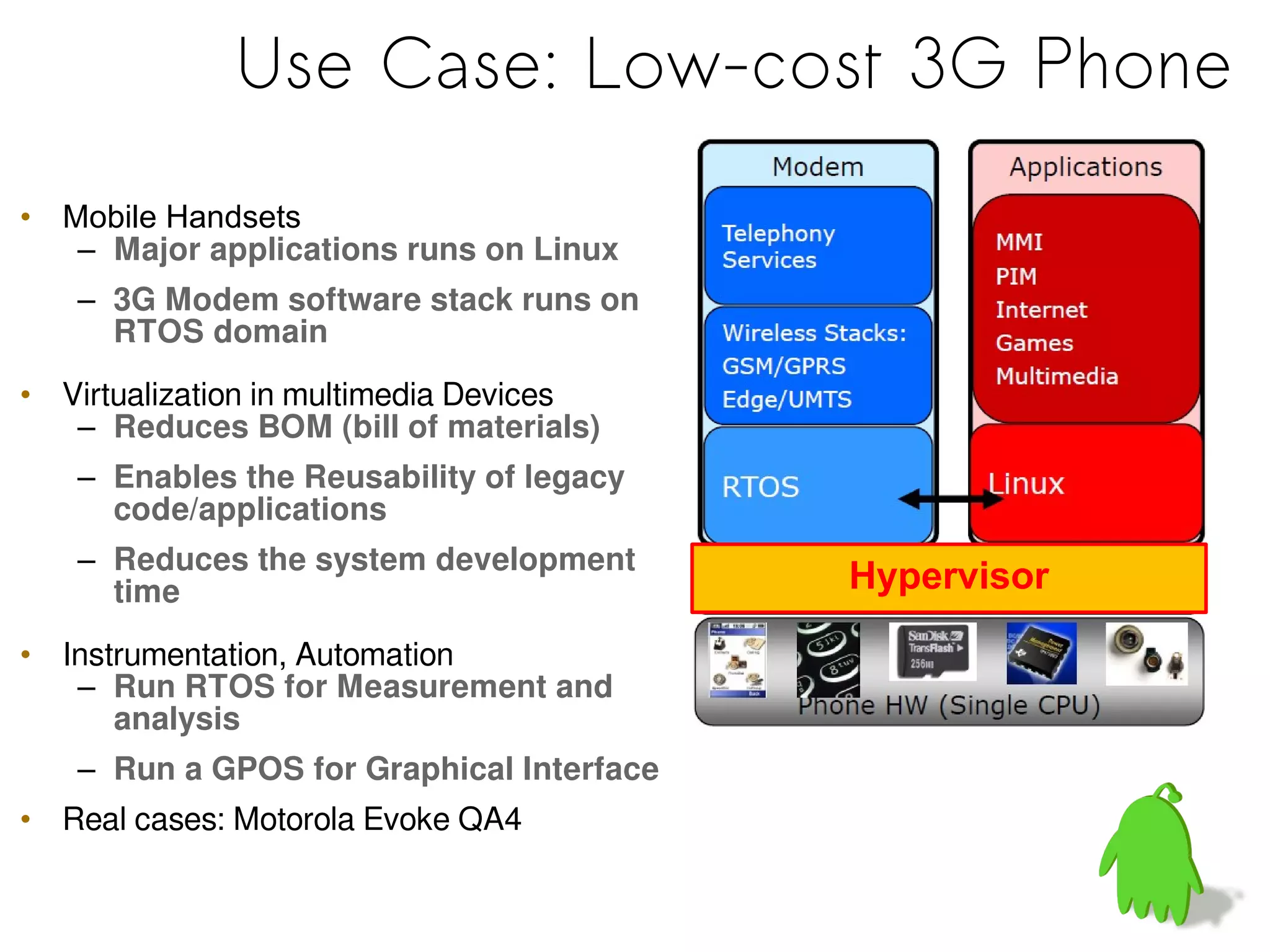 Use Case: Low-cost 3G Phone
• Mobile Handsets
– Major applications runs on Linux
– 3G Modem software stack runs on
RTOS domain
• Virtualization in multimedia Devices
– Reduces BOM (bill of materials)
– Enables the Reusability of legacy
code/applications
– Reduces the system development
time
• Instrumentation, Automation
– Run RTOS for Measurement and
analysis
– Run a GPOS for Graphical Interface
• Real cases: Motorola Evoke QA4
Hypervisor
 