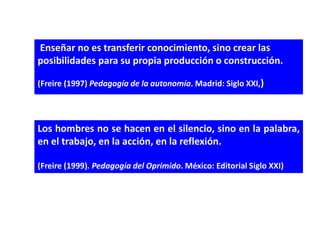 Enseñar no es transferir conocimiento, sino crear las
posibilidades para su propia producción o construcción.

(Freire (1997) Pedagogía de la autonomía. Madrid: Siglo XXI,)




Los hombres no se hacen en el silencio, sino en la palabra,
en el trabajo, en la acción, en la reflexión.

(Freire (1999). Pedagogía del Oprimido. México: Editorial Siglo XXI)
 