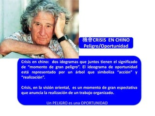 機會CRISIS EN CHINO
                                 Peligro/Oportunidad


Crisis en chino: dos idegramas que juntos tienen el significado
de “momento de gran peligro”. El ideograma de oportunidad
está representado por un árbol que simboliza “acción” y
“realización”.

Crisis, en la visión oriental, es un momento de gran espectativa
que anuncia la realización de un trabajo organizado.

             Un PELIGRO es una OPORTUNIDAD
 
