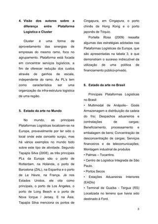 8
4. Visão dos autores sobre a
diferença entre Plataforma
Logística e Cluster
Cluster é uma forma de
aproveitamento das sinergias de
empresas do mesmo ramo, foco no
agrupamento. Plataforma está focada
em concentrar serviços logísticos, a
fim de oferecer redução dos custos
através de ganhos de escala,
independente do ramo. As PL’s tem
como característica ser uma
organização da infra-estrutura logística
de uma região.
5. Estado da arte no Mundo
No mundo, as principais
Plataformas Logísticas localizam-se na
Europa, provavelmente por ter sido o
local onde este conceito surgiu, mas
há vários exemplos no mundo todo
sobre este tipo de atividade. Segundo
Tapajós Silva (2008), as três principais
PLs da Europa são o porto de
Rotterdam, na Holanda, o porto de
Barcelona (ZAL), na Espanha e o porto
de Le Havre, na França. Já nos
Estados Unidos, ele cita como
principais, o porto de Los Angeles, o
porto de Long Beach e o porto de
Nova Iorque / Jersey. E na Ásia,
Tapajós Silva menciona os portos de
Cingapura, em Cingapura, o porto
chinês de Hong Kong e o porto
japonês de Tóquio.
Portella Rosa (2009) ressalta
algumas das estratégias adotadas nas
Plataformas Logísticas da Europa, que
são apresentadas na tabela 3, e que
demonstram o sucesso indiscutível da
utilização de uma política de
financiamento público-privado.
6. Estado da arte no Brasil
Principais Plataformas Logísticas
no Brasil:
• Multimodal de Anápolis– Goiás
Armazenagem e distribuição da cadeia
do frio; Despachos aduaneiros e
contratações de cargas;
Beneficiamento, processamento e
embalagem de bens; Concentração de
desconcentração de cargas; Serviços
financeiros e de telecomunicações;
Montagem industrial de produtos
• Palmas – Tocantins.
• Centro de Logística Integrada de São
Paulo.
• Portos Secos
• Estações Aduaneiras Interiores
(EADIs)
• Terminal de Guaíba - Tergua (RS)
Localizada no terreno que havia sido
destinado à Ford.
 
