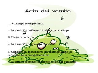Acto del vómito
1. Una inspiración profunda
2. La elevación del hueso hioides y de la laringe
3. El cierre de la glotis
4. La elevación del paladar blando
5. Contracción descendente del diafragma y de los
músculos de la pared abdominal
6. El esfinter esofagico inferior se relaja por completo

 