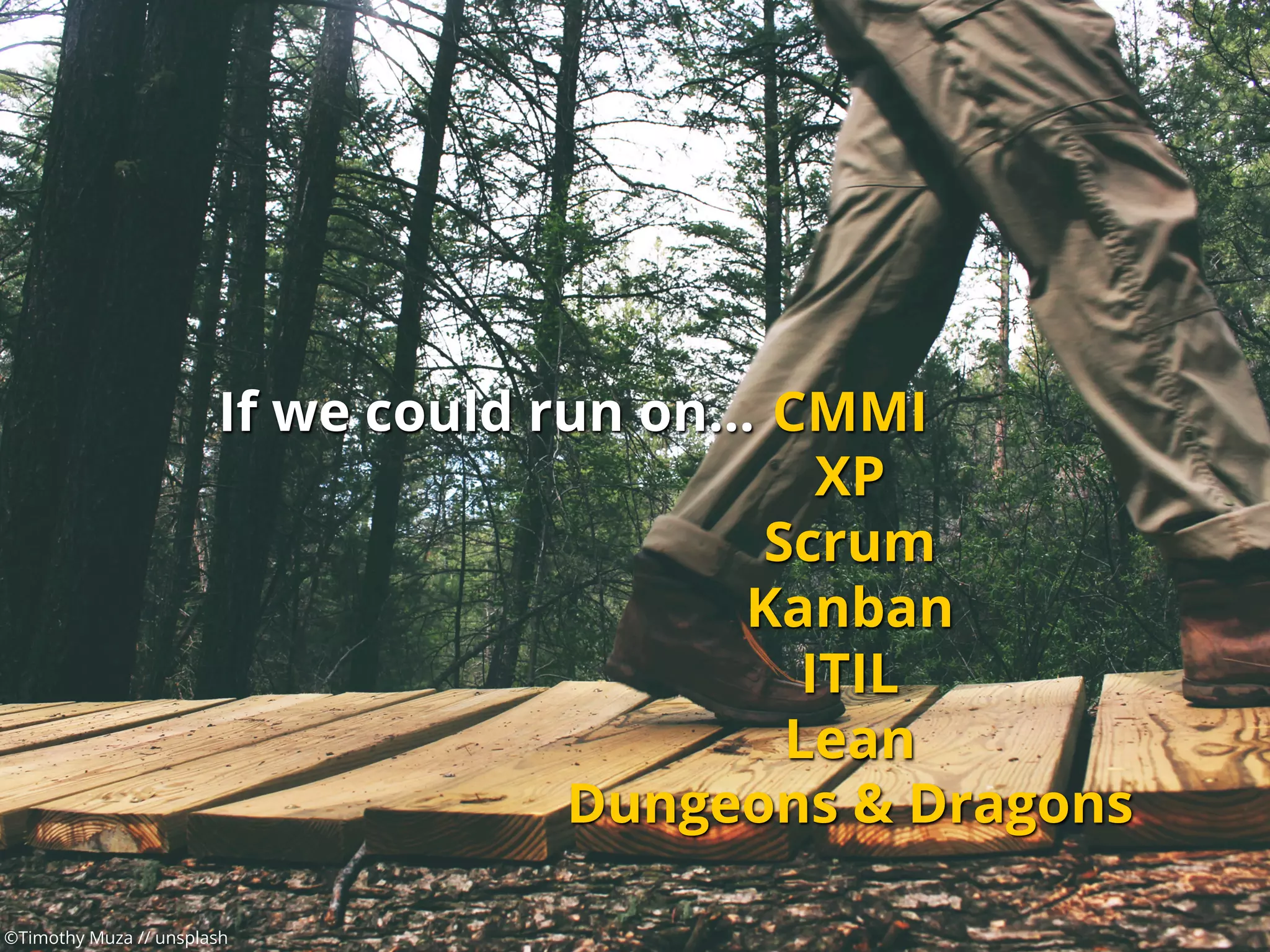If we could run on…
©Timothy Muza // unsplash
CMMI
XP
Scrum
Kanban
ITIL
Lean
Dungeons & Dragons
 