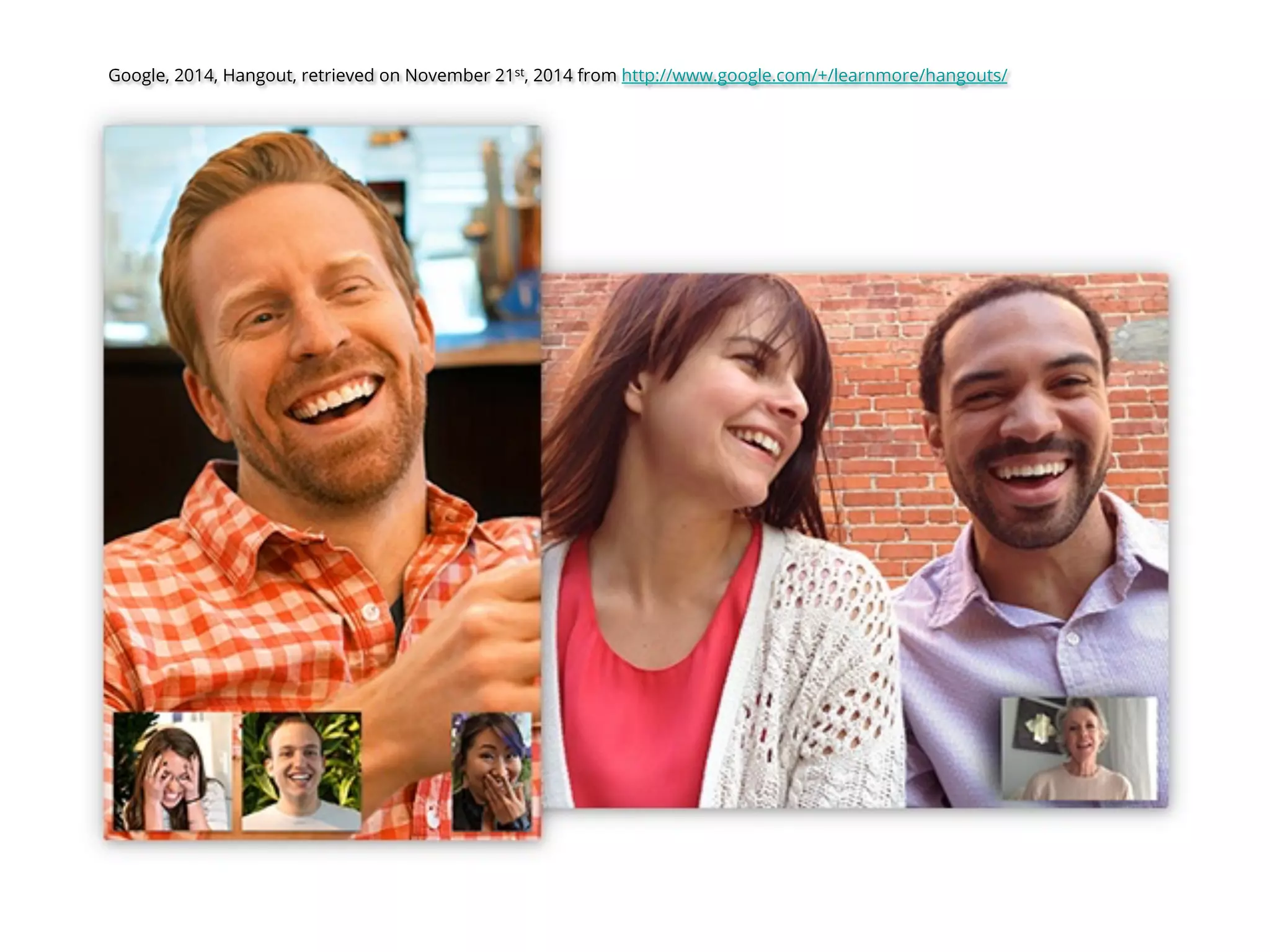 Google, 2014, Hangout, retrieved on November 21st, 2014 from http://www.google.com/+/learnmore/hangouts/
 