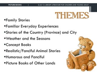 THEMESFamily Stories
Familiar Everyday Experiences
Stories of the Country (Province) and City
Weather and the Seasons
Concept Books
Realistic/Fanciful Animal Stories
Humorous and Fanciful
Picture Books of Other Lands
PICTURE BOOKS | S-LIS 13: LIBRARY LITERATURE FOR CHILDREN AND YOUNG ADULT
 