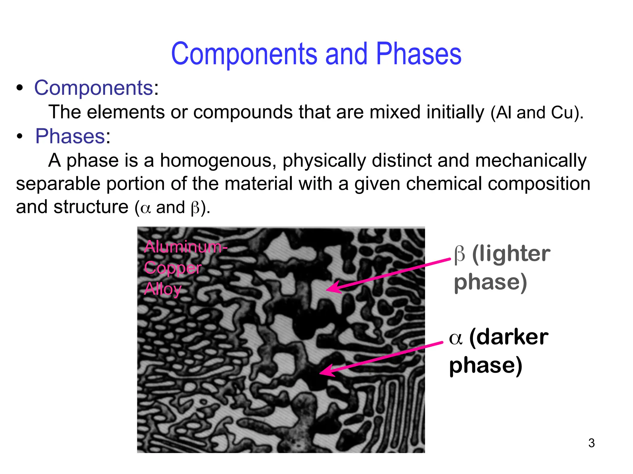 3
• Components:
The elements or compounds that are mixed initially (Al and Cu).
• Phases:
A phase is a homogenous, physically distinct and mechanically
separable portion of the material with a given chemical composition
and structure ( and ).

(darker
phase)
 (lighter
phase)
Components and Phases
Aluminum-
Copper
Alloy
 