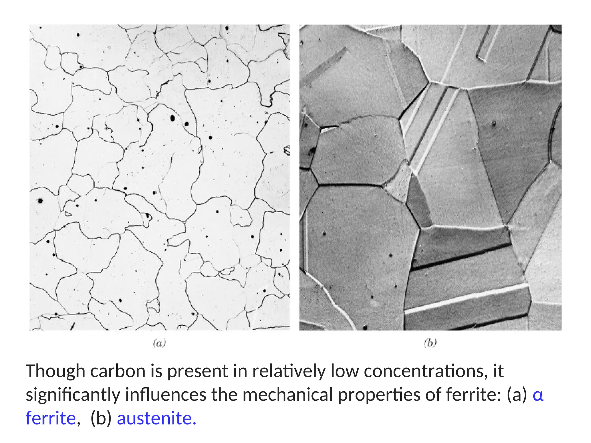 Though carbon is present in relatively low concentrations, it
significantly influences the mechanical properties of ferrite: (a) α
ferrite, (b) austenite.
 
