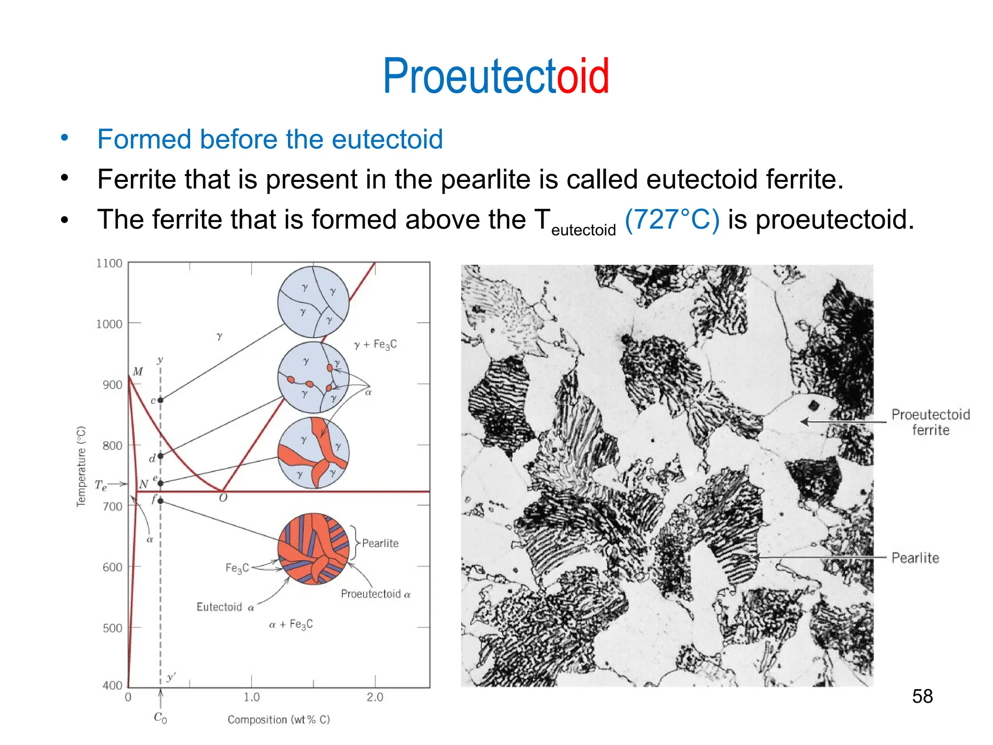 58
Proeutectoid
• Formed before the eutectoid
• Ferrite that is present in the pearlite is called eutectoid ferrite.
• The ferrite that is formed above the Teutectoid (727°C) is proeutectoid.
 