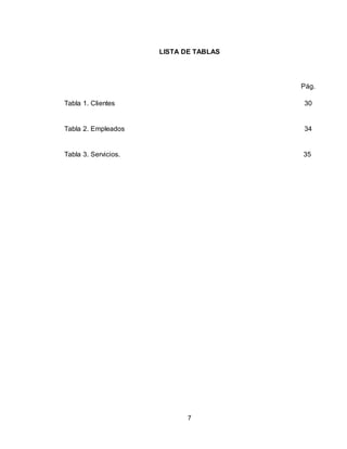 7
LISTA DE TABLAS
Pág.
Tabla 1. Clientes 30
Tabla 2. Empleados 34
Tabla 3. Servicios. 35
 