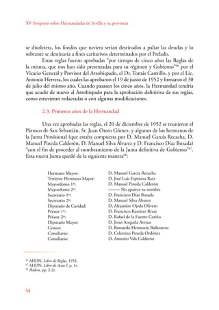 XV Simposio sobre Hermandades de Sevilla y su provincia 
se disolviera, los fondos que tuviera serían destinados a paliar las deudas y lo 
sobrante se destinaría a fines caritativos determinados por el Prelado. 
Estas reglas fueron aprobadas “por tiempo de cinco años las Reglas de 
la misma, que nos han sido presentadas para su régimen y Gobierno”66 por el 
Vicario General y Provisor del Arzobispado, el Dr. Tomás Castrillo, y por el Lic. 
Antonio Herrera, los cuales las aprobaron el 19 de junio de 1952 y firmaron el 30 
de julio del mismo año. Cuando pasasen los cinco años, la Hermandad tendría 
que acudir de nuevo al Arzobispado para la aprobación definitiva de sus reglas, 
como estuvieran redactadas o con algunas modificaciones. 
54 
2.3. Primeros años de la Hermandad 
Una vez aprobadas las reglas, el 20 de diciembre de 1952 se reunieron el 
Párroco de San Sebastián, Sr. Juan Otero Gómez, y algunos de los hermanos de 
la Junta Provisional (que estaba compuesta por D. Manuel García Recacha, D. 
Manuel Pineda Calderón, D. Manuel Silva Álvarez y D. Francisco Díaz Bozada) 
“con el fin de proceder al nombramiento de la Junta definitiva de Gobierno”67. 
Esta nueva Junta quedó de la siguiente manera68: 
Hermano Mayor: 
Teniente Hermano Mayor: 
Mayordomo 1º: 
Mayordomo 2º: 
Secretario 1º: 
Secretario 2º: 
Diputado de Caridad: 
Prioste 1º: 
Prioste 2º: 
Diputado Mayor: 
Censor: 
Consiliario: 
Consiliario: 
66 AHDN, Libro de Reglas, 1952. 
67 AHDN, Libro de Actas I, p. 1r. 
68 Ibidem, pp. 2-2r. 
D. Manuel García Recacha 
D. José Luis Espinosa Ruiz 
D. Manuel Pineda Calderón 
-------- No aparece su nombre 
D. Francisco Díaz Bozada 
D. Manuel Silva Álvarez 
D. Alejandro Ojeda Olivero 
D. Francisco Ramírez Rivas 
D. Rafael de la Fuente Cariño 
D. Jesús Anquela Arenas 
D. Bernardo Hermosín Ballesteros 
D. Celestino Pineda Ordóñez 
D. Antonio Vals Calderón 
 