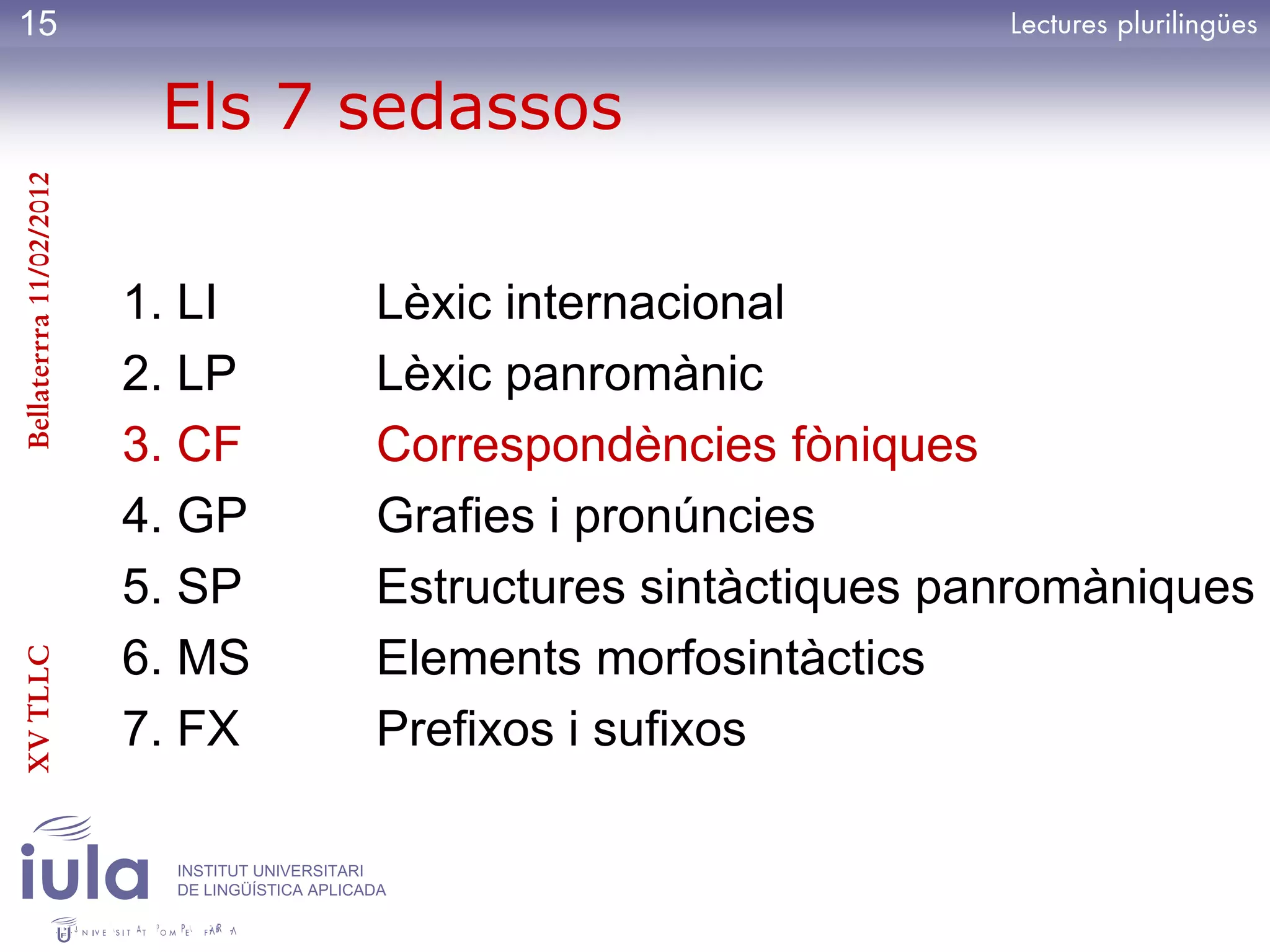 15

                          Els 7 sedassos
Bellaterrra 11/02/2012




                         1. LI                  Lèxic internacional
                         2. LP                  Lèxic panromànic
                         3. CF                  Correspondències fòniques
                         4. GP                  Grafies i pronúncies
                         5. SP                  Estructures sintàctiques panromàniques
                         6. MS                  Elements morfosintàctics
XV TLLC




                         7. FX                  Prefixos i sufixos

                           INSTITUT UNIVERSITARI
                           DE LINGÜÍSTICA APLICADA
 